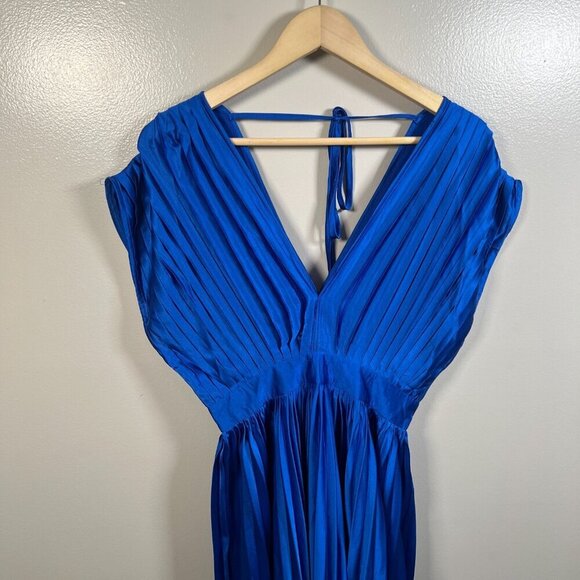 Billy J Gina Maxi Dress Size 8 US 4 Blue Satin Pleated Event Formal Wedding - Picture 7 of 13